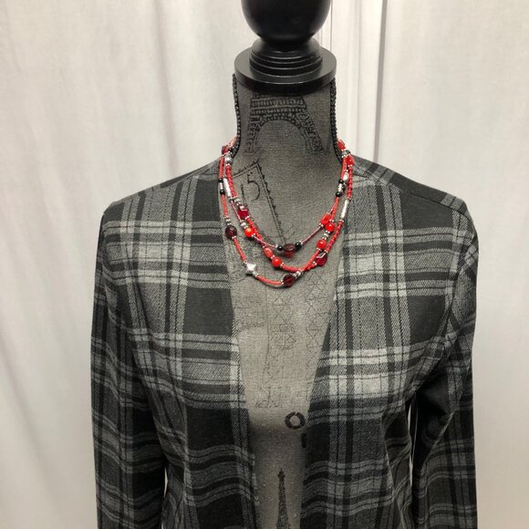 Plaid Open Front Long Sleeve Cardigan Womens Size Large Black Gray Layering NEW - Picture 7 of 8
